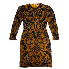 VTG 80s Nite Line Silk Beaded Cocktail Dress Black Gold Sz 4-6 Mother Bride