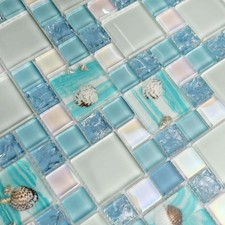 Hominter Coastal Glass Mosaic Ocean Blue Backsplash Tile Real Shell Accents