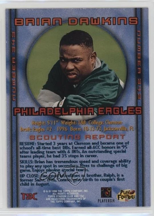 1996 Topps Stadium Club Brian Dawkins #343 Rookie RC HOF - Image 2 of 2