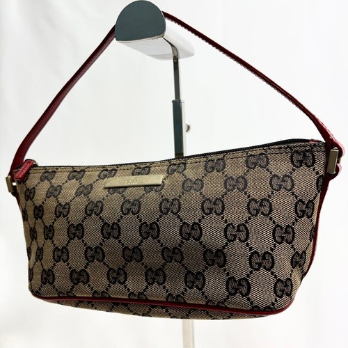 GUCCI GG Pouch Hand Bag Ziplock Leather Canvas Red Beige Black Gold Hardware