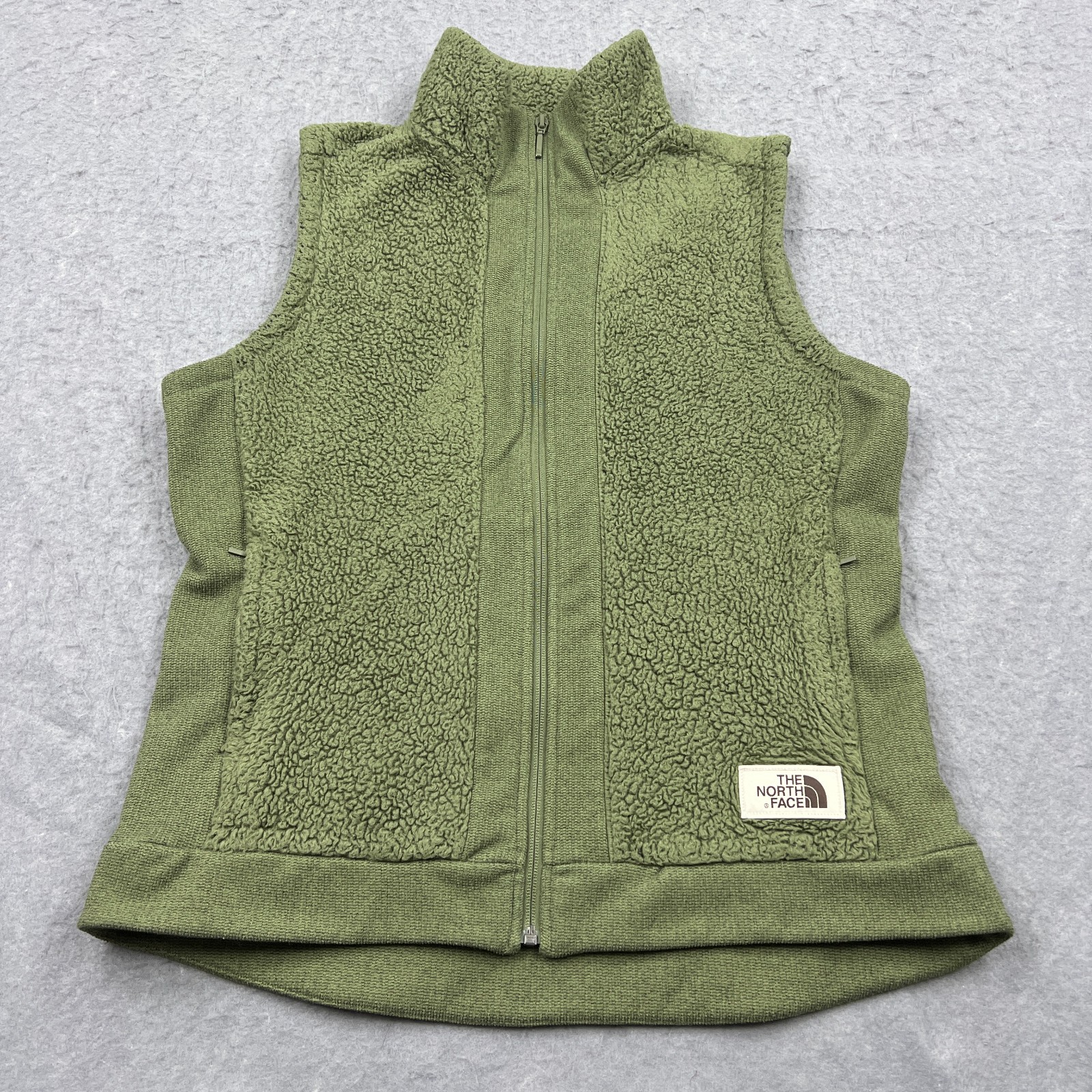 The North Face Furry Fleece Vest Women's Large Green Sherpa Mock Neck Full Zip