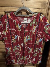 Disney Tinkerbell RED CHRISTMAS Scrub Top Medium, I'm There With Bells On BRIGHT
