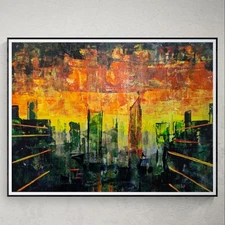 Original Art Cityscape. Acrylic Painting. 9x12 on Art Paper. 'Golden Hour Decay'