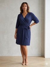 Draper James RSVP Navy Blue Faux Wrap Dress L Midi Jersey Knit 3/4 Sleeve Solid