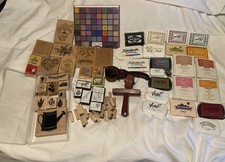 Huge 75 Lot Assorted Vintage Wooden Rubber Stamp And Ink Pads Bundle