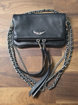 Zadig & Voltaire Black Pebbled Crossbody Bag, Silver Wing Logo, Detachable Strap