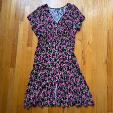 ModCloth Raspberry Floral Button Front Smocked Waist Midi Dress Black Pink 2X