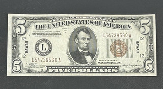 1934 A $5 Federal Reserve Note Hawaii US Bill High Grade LOW Shipping!!