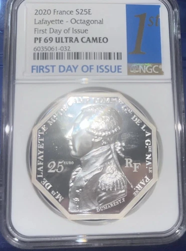 2020 France 25 Euro Lafayette Octagonal Silver NGC PF69 1st Day of Issue 5VCM
