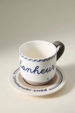 NWT Anthropologie Café Violette Handpainted Stoneware Espresso Cup & Saucer