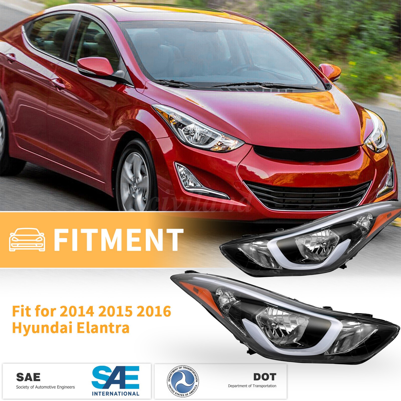 Pair Headlights For 2014 2015 2016 Hyundai Elantra Left & Right Headlamps W/Bulb