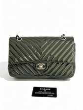 Chanel Medium Classic Flap Chevron V Stitch Dark Green Leather Crossbody Bag