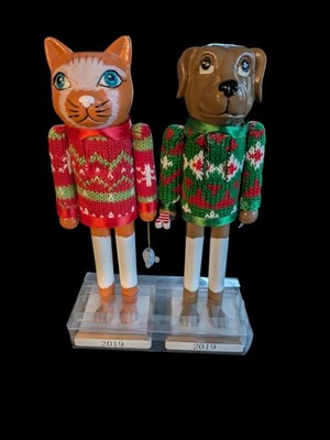 Set of 2 Nutcrackers Dog and Cat 2019 Holiday Sweater 8'' Wooden Xmas Holiday