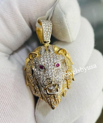 Lab Created Diamond Mini Lion Face Shape Pendant Two-Tone In Real 925 Silver
