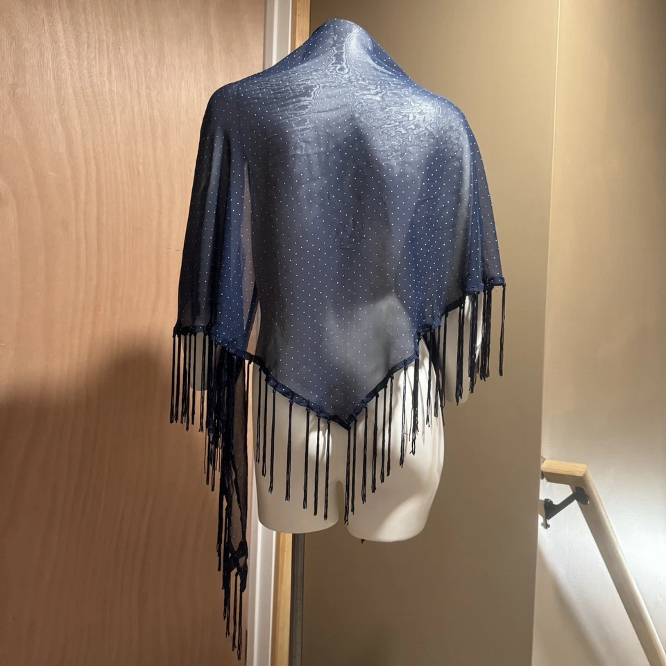 Vtg Crazy Horse Liz Claiborne Navy Blue Polka Dot Fringed Shawl Wrap Scarf Sheer - Image 2 of 4