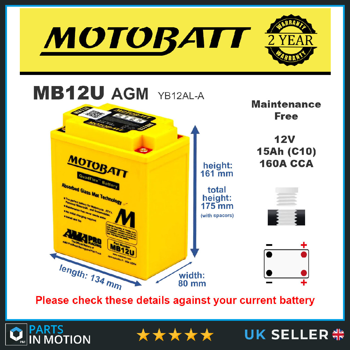 MB12U MOTOBATT Quadflex AGM Bike Battery 12V 15Ah