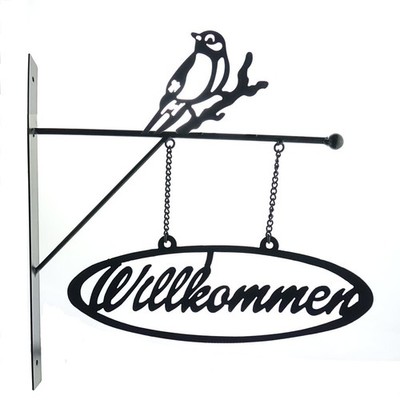 Esschert Design Wandschild Willkommen mit Meise schwarz matt - Metall