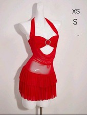 Women s Red Halter Cutout Dance Costume Dress 2-Piece Mesh Top Ruffled XS/S