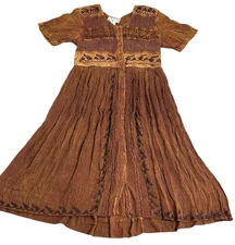 Vintage M.P.H. Maxi Dress Women's Medium Boho Hippie Tan Embroidered Whimsical