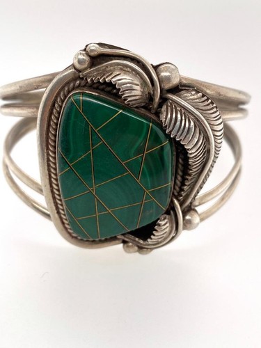 Brazalete Vintage Artesano Navajo Incrustado Malaquita Plata Esterlina Firmado - Imagen 5 de 7