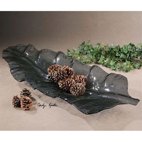 Uttermost Smoked Leaf Coastal Glass Tray in Dark Gray Finish - Picture 1 of 3