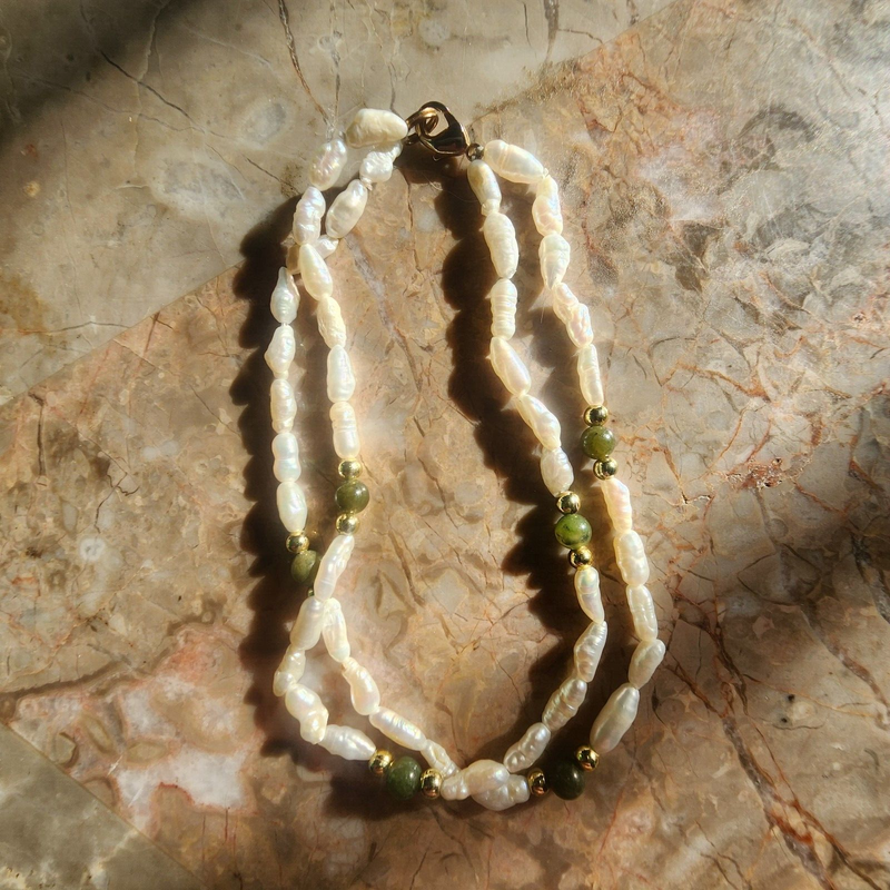 Double Strand Fresh Water Pearl and Stone Bracelet 7.75"Long
