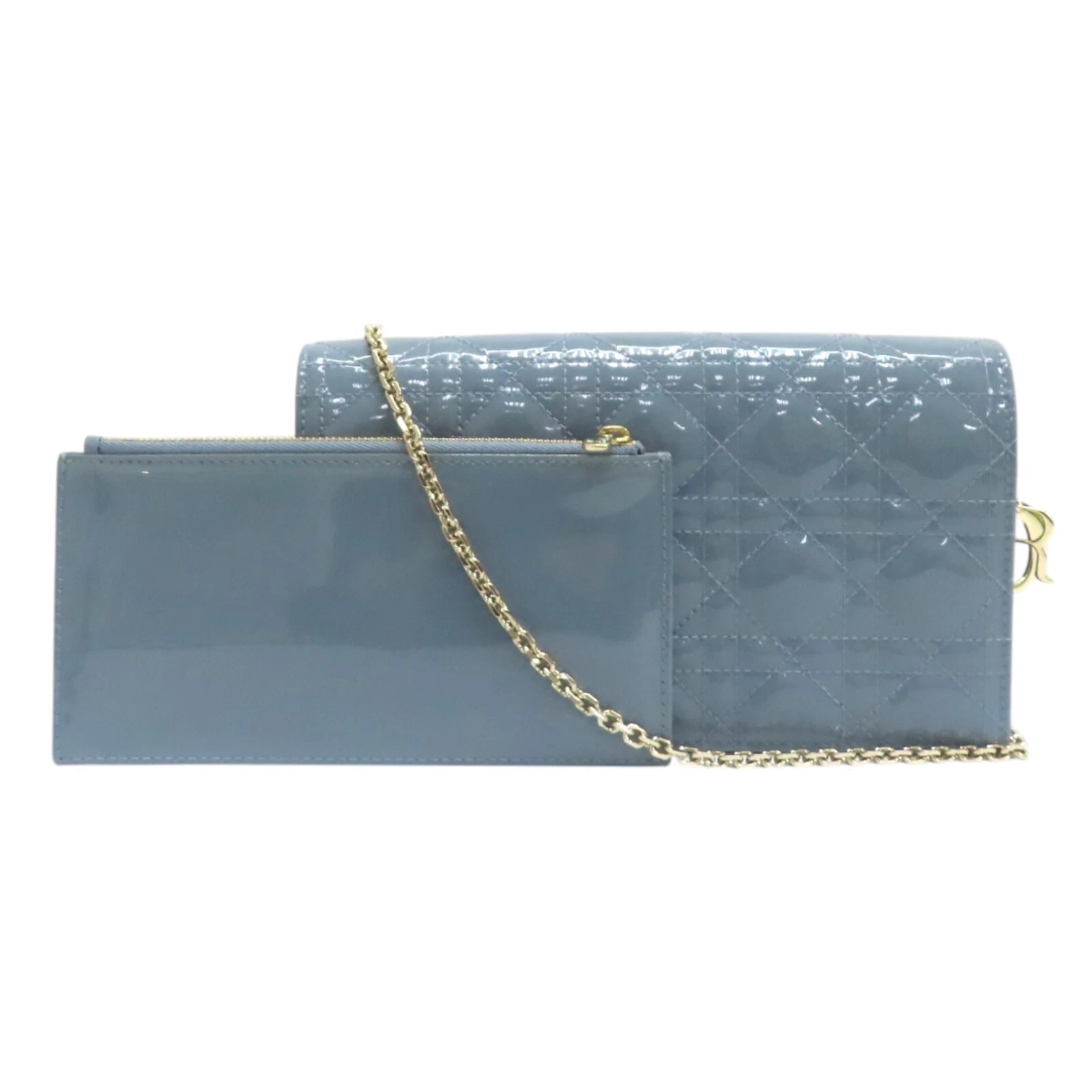 Pochette Dior Lady Dior avec chaîne sac bandoulière bleu verni cannage cuir