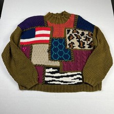 Outlander Patchwork Mock Neck Sweater Cable Knit Kitsch Vintage Size MEDIUM FLAW