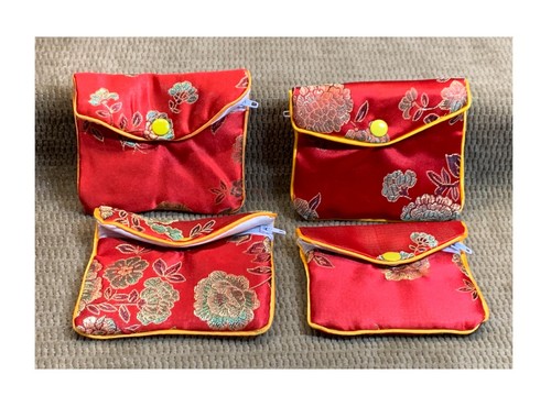 4 OREINTAL LOOKING STYLE MAKEUP/JEWELRY/TRINKET OR COIN CHANGE BAGS APPROX. 4.5