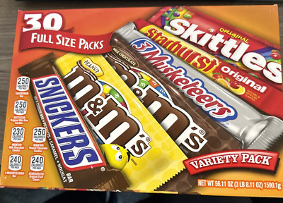 M&M S, Snickers, Skittles, Starburst Full Size Candy Bars   30 ct Variety Pack