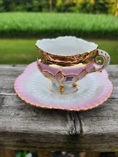 Small Tea Cup & Saucer Purple Fluted Rim Gold Oyster Edge Plate Chip Marked VTG