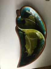 Califorinia Pottery Santa Anita Ware Green Drip Glaze Leaf Appetizer Dish R-145