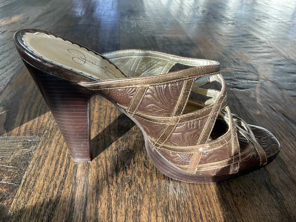 Jessica Simpson 一脚蹬锥形鞋跟凉鞋棕色皮革女式美国 8.5B 码 — 第 2/4 张图片