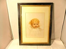 Antique  Ida Waugh  Baby Print  Chromolithograph - 1890  Matted & Framed