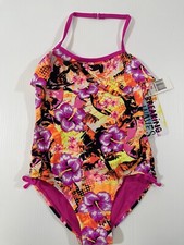 Breaking Waves Girls Youth Pink Tropical Print One Piece Swimming Suit Size 10