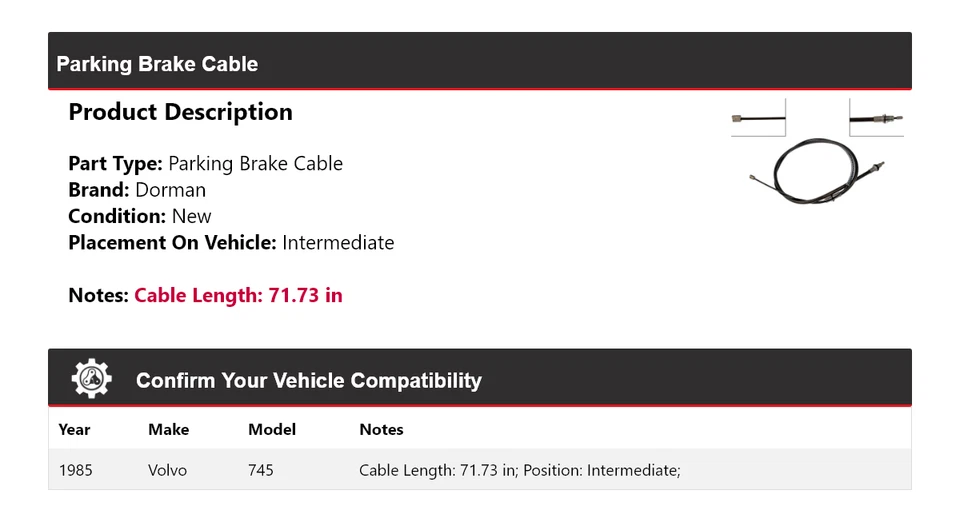 Cable de freno de estacionamiento intermedio para Volvo 745 Dorman 1985 Foto 2 de 3