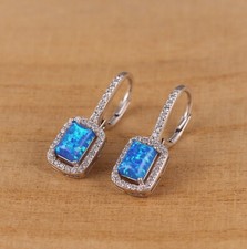 925 Sterling Silver Lab- Created Blue Opal CZ Halo Dangle Drop Earrings Boxed