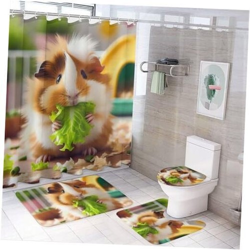 Pig 4Pcs Shower Curtain Sets with Non-Slip Rugs,Toilet Lid Cover Cute Guinea
