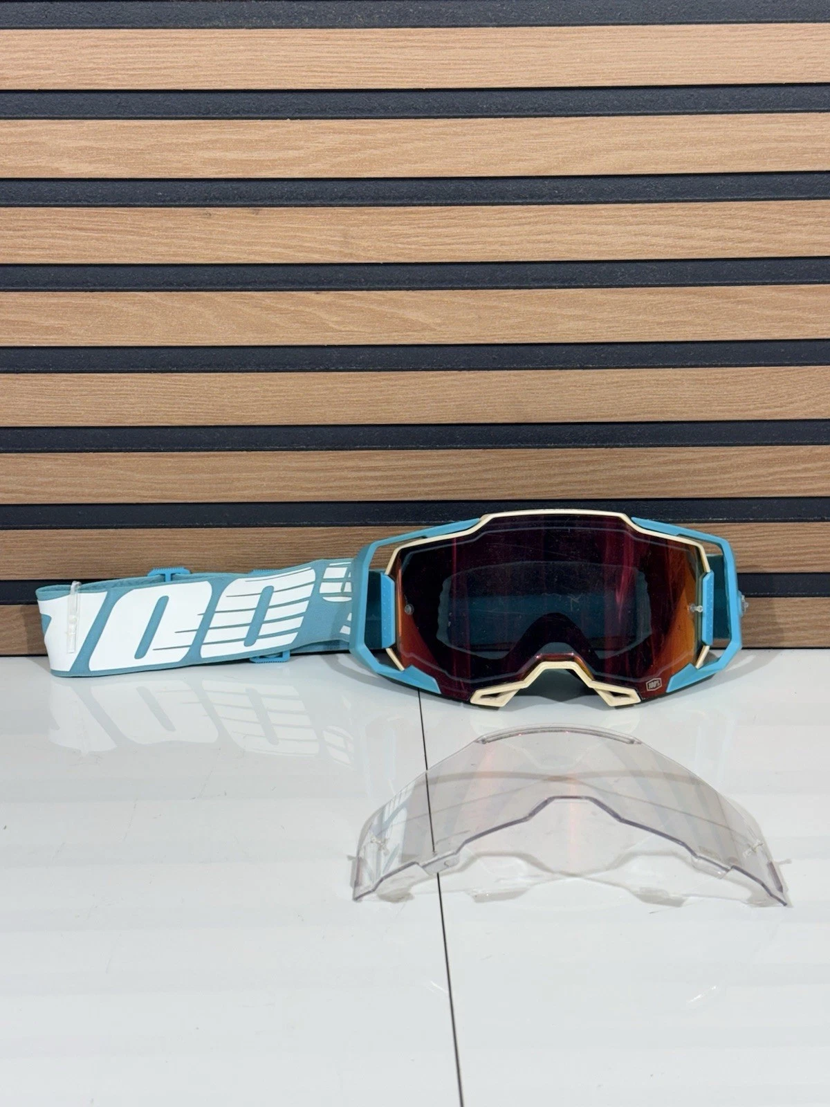 100% Armega Oversized Sky Teal / White - Red Mirror Lens Goggles +