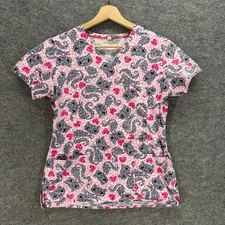 White Cross Scrub Top Women S Small Pink Cat Print V-Neck Short Sleeve Cotton