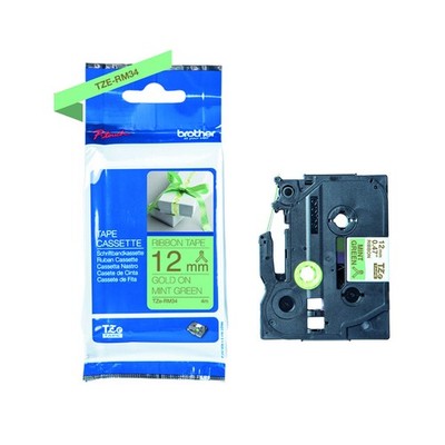 Original TZe-RM34 Textilband gold auf mintgrün - 12 mm breit, 4 m lang