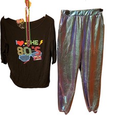 80  s costume Shiny Pants Ruched 3/4 Sleeve T Beads Complete Set Retro Event