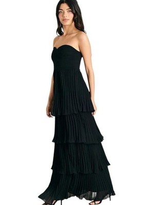 Lulus Black Pleated Ruffle Strapless Formal Dress Large NWT Wedding Guest Flaw
