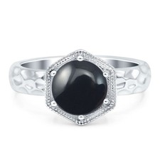 Hexagonal Shape Round Natural Black Onyx Solitaire Ring 925 Sterling Silver