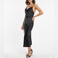 NWT Stella McCartney Cowl Chain Slip Dress Black Fringe Satin LBD Sz 38