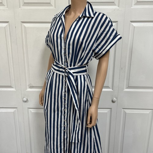 Zara Linin Blend Navy Striped Sailboat Dress Maxi Size L New - Picture 17 of 21