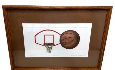 Barbie Tidwell Framed Hand Colored Etching #220 3 POINTER Basketball LTD Edition