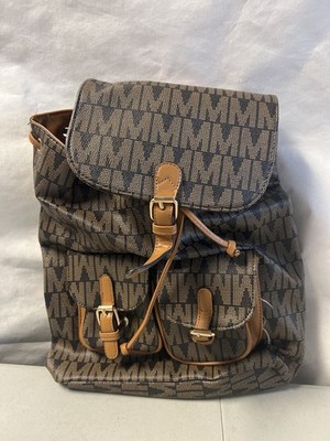 Brown Black Monogram Print Backpack Faux Leather Trim Drawstring Book Bag