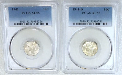 1941 P & D Mercury Dime PCGS AU55 Frosty lot of 2 coins in New Holders #B283