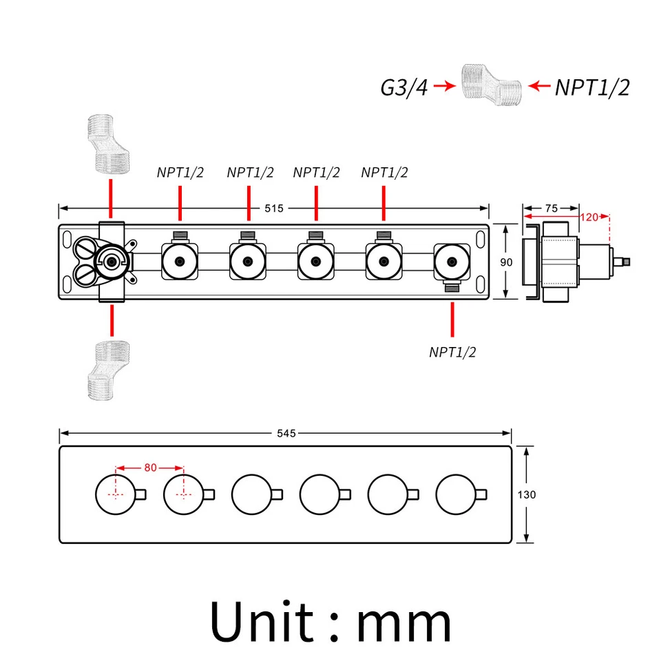 Válvula desviadora de ducha de 3-5 funciones mezcladora termostática válvula de latón negra/plateada Foto 2 de 4